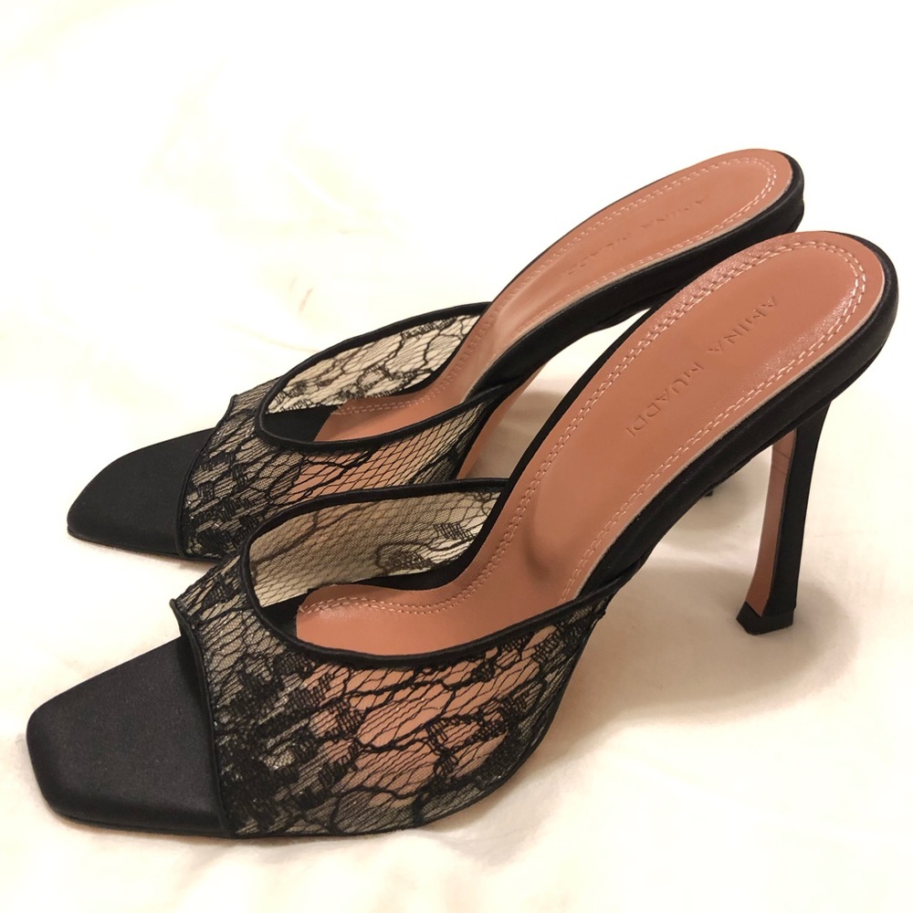 Amina Muaddi "Alexa" Black Lace Mules Pumps Size 38 - Picture 2 of 7